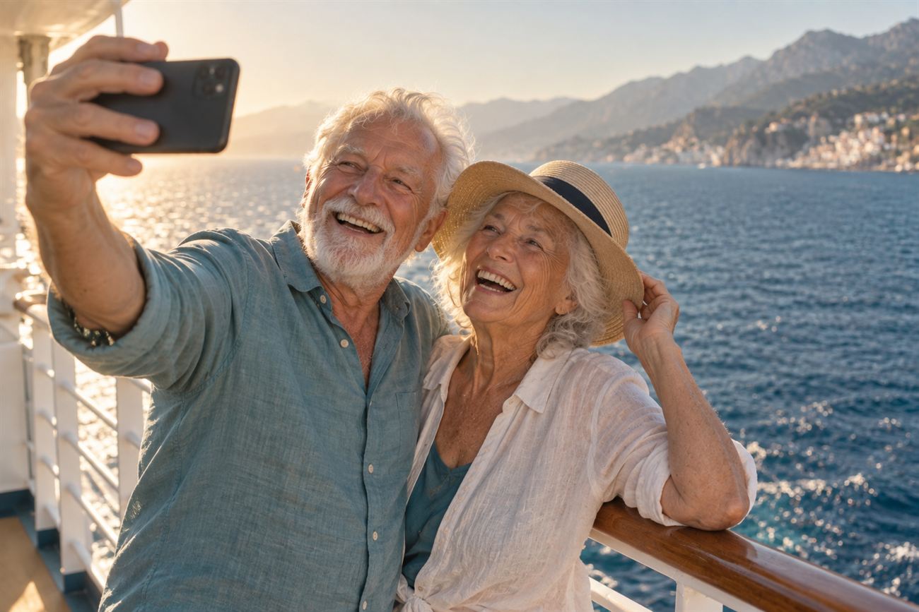 Ein älteres Paar macht lachend ein Selfie an der Reling eines Schiffs.