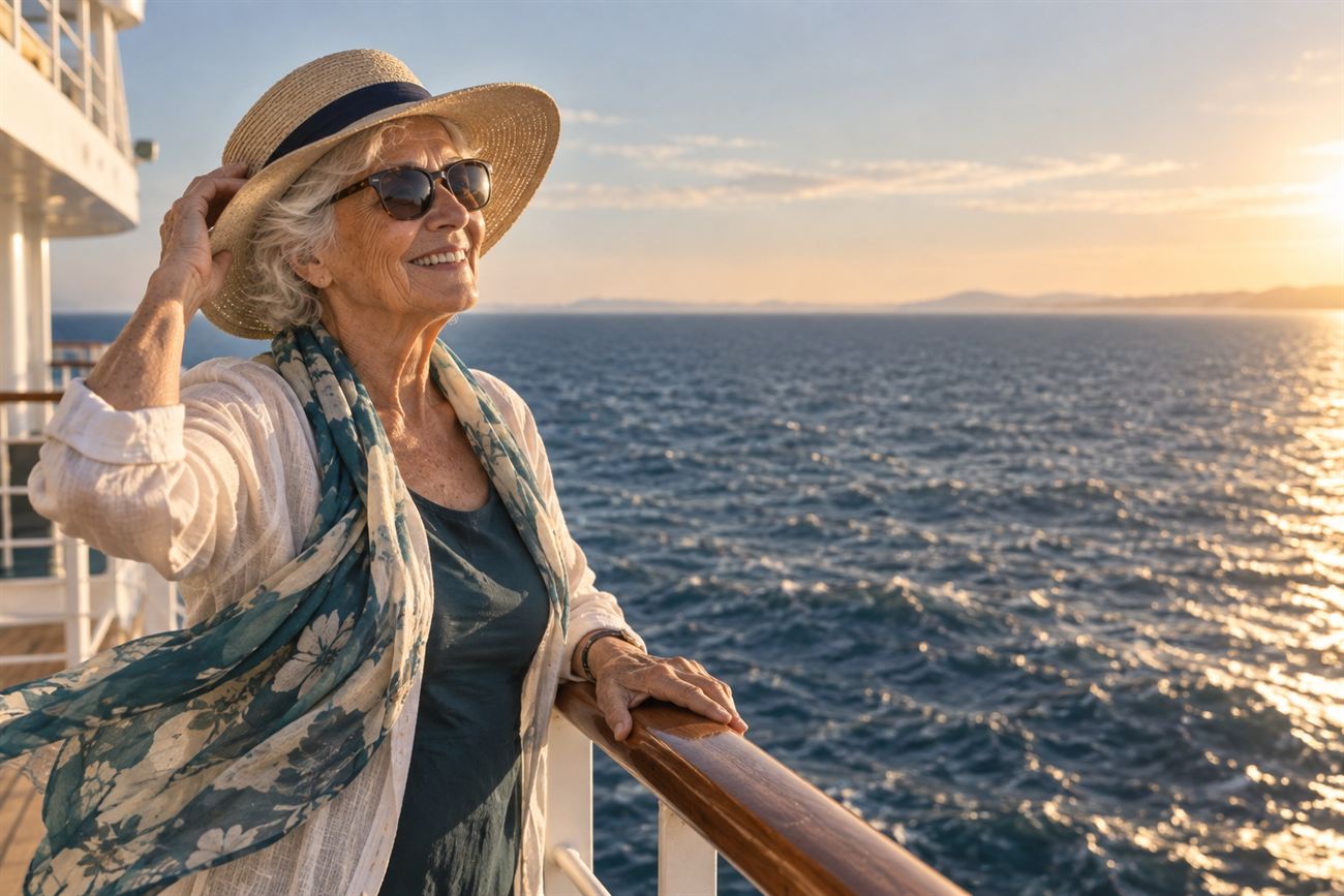 Eine Seniorin mit Sonnenhut steht an Deck und blickt aufs offene Meer.